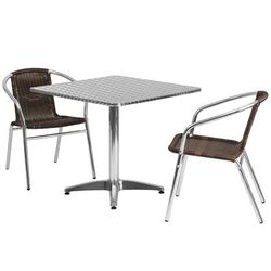 Flash Furniture TLH-ALUM-32SQ-020CHR2-GG 31 1/2" Square Patio Table & 2 Brown Rattan Arm Chair Set - Stainless Steel Top, Aluminum Base