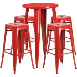 Flash Furniture CH-51080BH-4-30SQST-RED-GG 24" Square Bar Height Table w/ (4) Bar Stool Set - Red Steel Top, Steel Base