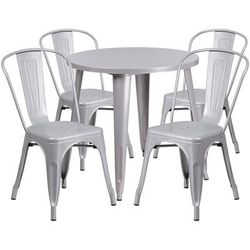 Flash Furniture CH-51090TH-4-18CAFE-SIL-GG 30" Round Table & 4 CafÃ© Chair Set - Metal, Silver