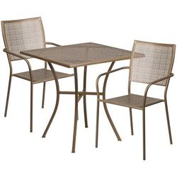 Flash Furniture CO-28SQ-02CHR2-GD-GG 28" Square Patio Table & 2 Square Back Arm Chair Set - Steel, Gold