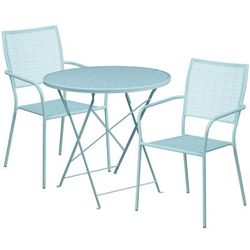 Flash Furniture CO-30RDF-02CHR2-SKY-GG 30" Round Folding Patio Table & 2 Square Back Arm Chair Set - Steel, Sky Blue