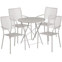 Flash Furniture CO-30RDF-02CHR4-SIL-GG 30" Round Folding Patio Table & 4 Square Back Arm Chair Set - Steel, Light Gray