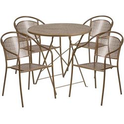 Flash Furniture CO-30RDF-03CHR4-GD-GG 30" Round Folding Patio Table & 4 Round Back Arm Chair Set - Steel, Gold
