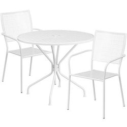 Flash Furniture CO-35RD-02CHR2-WH-GG 35 1/4" Round Patio Table & 2 Square Back Arm Chair Set - Steel, White