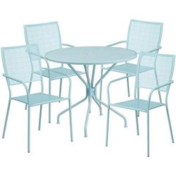 Flash Furniture CO-35RD-02CHR4-SKY-GG 35 1/4" Round Patio Table & 4 Square Back Arm Chair Set - Steel, Sky Blue
