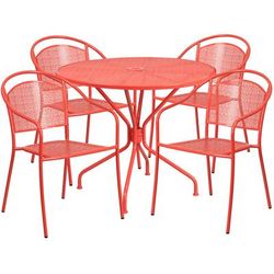 Flash Furniture CO-35RD-03CHR4-RED-GG 35 1/4" Round Patio Table & 4 Round Back Arm Chair Set - Steel, Coral