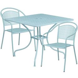 Flash Furniture CO-35SQ-03CHR2-SKY-GG 35 1/4" Square Patio Table & 2 Round Back Arm Chair Set - Steel, Sky Blue