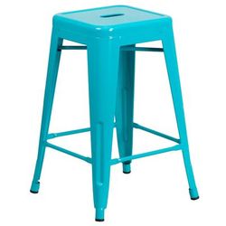 Flash Furniture ET-BT3503-24-CB-GG Counter Height Backless Commercial Bar Stool w/ Metal Seat, Crystal Teal Blue