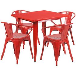 Flash Furniture ET-CT002-4-70-RED-GG 31 1/2" Square Table & (4) Arm Chair Set - Steel, Red