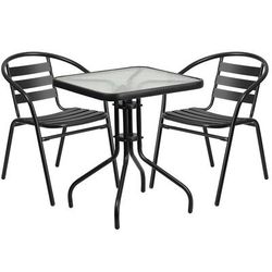 Flash Furniture TLH-0731SQ-017CBK2-GG 23 1/2" Square Patio Table & 2 Arm Chair Set - Glass Top, Black Metal Base