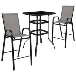 Flash Furniture TLH-073H092H-GR-GG 27 1/2" Square Patio Bar Table & 2 Gray Stool Set - Glass Top, Black Steel Base