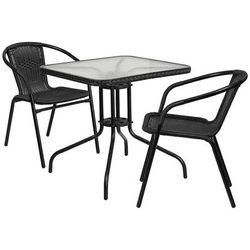 Flash Furniture TLH-073SQ-037BK2-GG 28" Square Patio Table & 2 Black Rattan Arm Chair Set - Glass Top, Black Metal Base