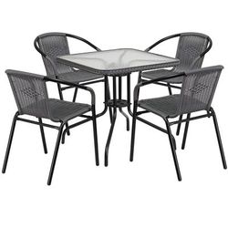 Flash Furniture TLH-073SQ-037GY4-GG 28" Square Patio Table & 4 Gray Rattan Arm Chair Set - Glass Top, Black Metal Base
