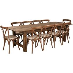 Flash Furniture Rectangular Folding Farm Table & 10 Chair Set - Plank Top, Pine, 108"W x 40"D x 30"H, XA-FARM-15-GG