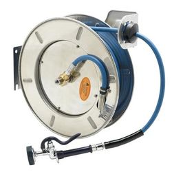 T&S B-7142-01 Hose Reel, Open, SS, 50 ft, Hose, 3/8 Diameter, Spray Valve, Silver