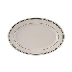 Tuxton TGB-014 12 5/8" x 8 3/4" Oval Green Bay Platter - Ceramic, American White/Eggshell w/ Green Band