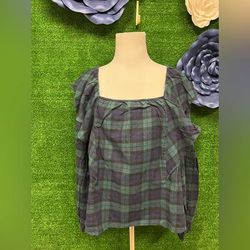 J. Crew Tops | J Crew Green And Navy Checkered Ruffle Blouse Brand New Size Xl | Color: Blue/Green | Size: Xl