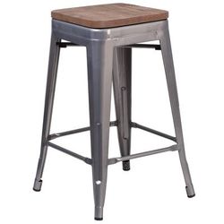 Flash Furniture XU-DG-TP0004-24-WD-GG Backless Commercial Bar Stool w/ Wood Seat, Silver