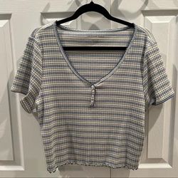 American Eagle Outfitters Tops | Blue And Green Striped Baby Tee With Button Detail | Color: Blue/White | Size: Xxl