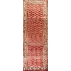 Boteh Red Botemir Persian Vintage Runner Rug Handmade Wool Carpet - 3'4" x 10'5"