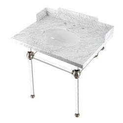 "Kingston Brass LMS3030MA8 Pemberton 30" Carrara Marble Console Sink with Acrylic Legs, Marble White/Brushed Nickel - Kingston Brass LMS3030MA8"