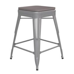 Flash Furniture CH-31320-24-SIL-PL2G-GG Counter Height Backless Stool w/ Wood Seat - Steel, Silver, Distressed Silver Gray