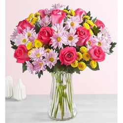 1-800-Flowers Seasonal Gift Delivery Spring Cheer Double Bouquet W/ Clear Vase | Put A Smile On Their Face