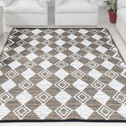 Hand Woven White & Brown Moroccan Jute Wool Rug by Tufty Home