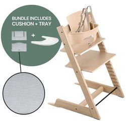 Tripp Trapp High Chair and Cushion with Stokke Tray -- Oak Natural / Nordic Blue