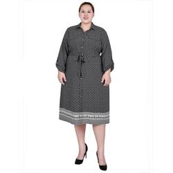 3/4 Roll Tab Sleeve Belted Shirtdress