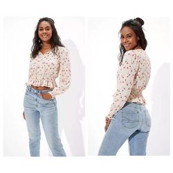 American Eagle Outfitters Tops | American Eagle Women’s Smocked Floral Buttoned Scoop Neck Long Sleeve Top Sz Sm | Color: Pink/Red | Size: S