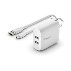 Belkin Boost Charge 24W Dual USB Type-A Wall Charger with USB Type-C Cable WCE001DQ1MWH