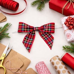 Red Plaid Printed Pre-tied Bow 3 1/2" 25 pack