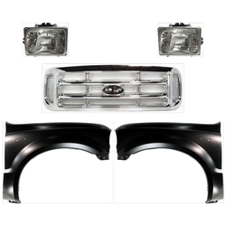 2000 Ford F-450 Super Duty 5-Piece Kit Grille Assembly, Chrome Shell and Insert, Grille, includes Fenders and Headlights