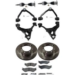 1999 Ford F-250 Front, Driver and Passenger Side, Upper and Lower Control Arm Kit, includes (2) Axle Assembly, (2) Brake Disc, (1) Brake Pad Set, and (4) Control Arm