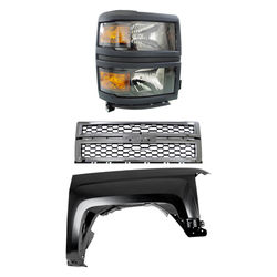 2015 Chevrolet Silverado 1500 3-Piece Kit Passenger Side Headlight with Fender and Grille, with Bulb, Halogen, For Models Without Rally Package, CAPA Certified