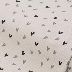 Tissu mousseline/double gaze "cœurs", grège/coloré