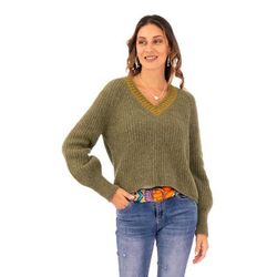 'Preppy-Inspired Olive and Yellow Baby Alpaca Blend Sweater'