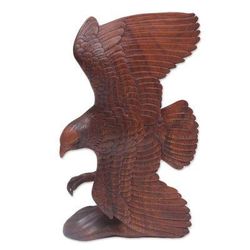 Flying Brown Eagle,'Hand Carved Realistic Wood Eagle Sculpture from Bali'