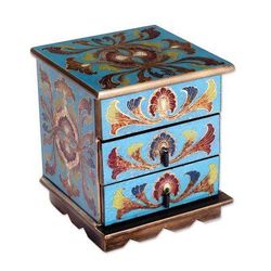 Joyous Blue Enchantment,'Blue Reverse Painted Glass Decorative Chest from Peru'
