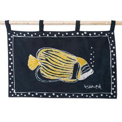 Night Bubbles,'Handcrafted Cotton Wall Hanging of Fish in Black and Yellow'