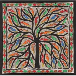 Cheerful Chirps,'Madhubani Bird Painting on Handmade Paper'
