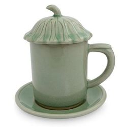 Celadon ceramic covered cup and saucer, 'Green Lotus Leaf'