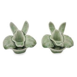 Celadon ceramic candleholders, 'Thai Jade Orchids' (pair)