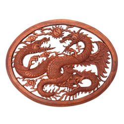 Wood wall panel, 'Naga Duality' - Carved Wood Dragon Relief Panel