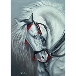 King's Horse,'Signed Unstretched Impressionist Oil Painting of White Horse'