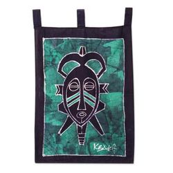 Green Meditations,'Handcrafted Green Cotton Wall Hanging of African Mask'