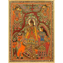 Madhubani painting, 'Krishna with His Cattle'