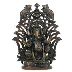 Glorious Ganesha,'Antiqued Finished Brass Sculpture of a Ganesha and Mice'