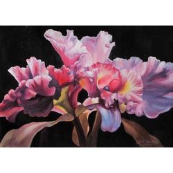 'Warm Tenderness' Pink and Lilac Orchids Signed Original Painting from Peru